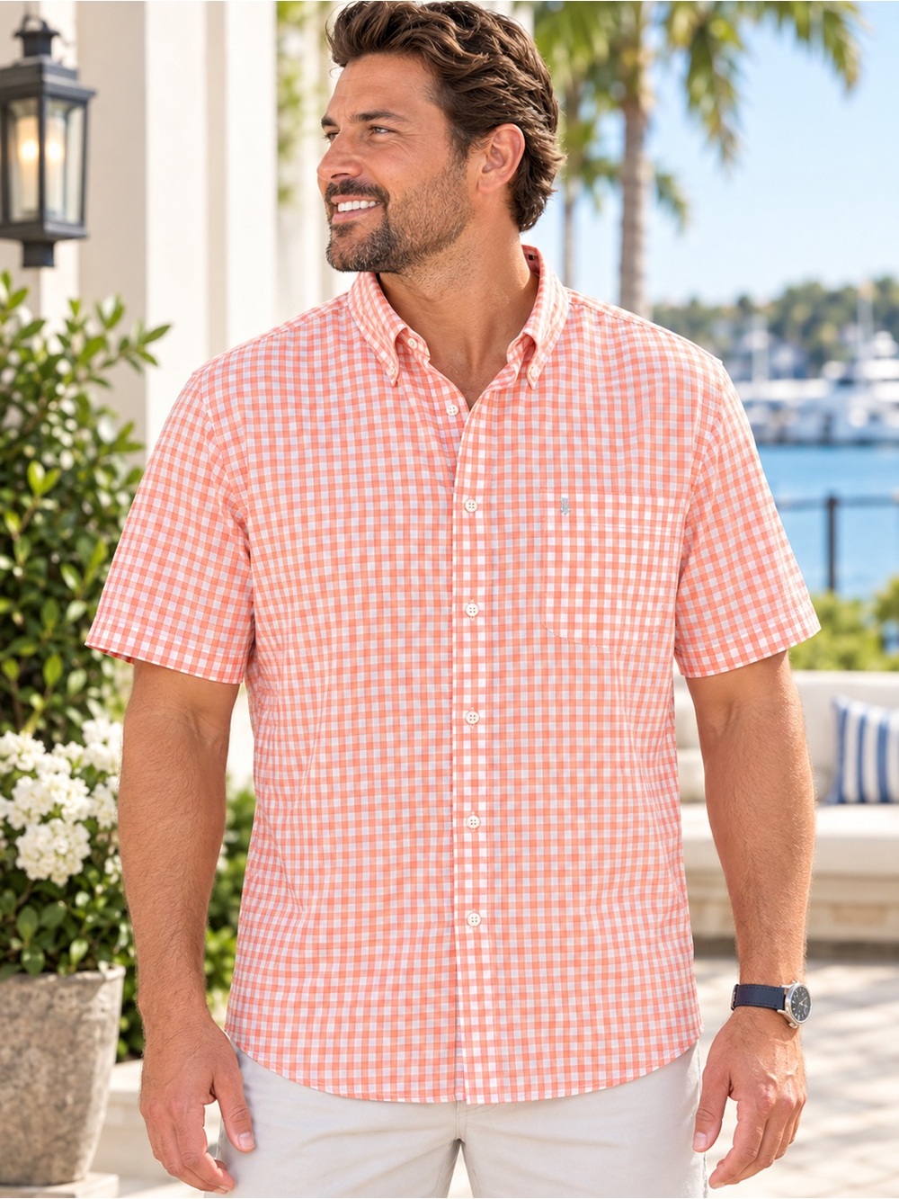 IZOD Men’s Gingham Button Down Shirt Orange White XXL Short Sleeve Coastal #243